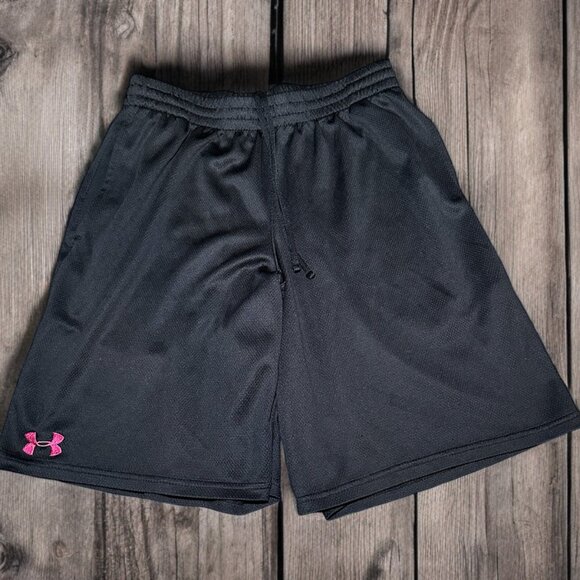 Men's Under Armour Tech Athletic Graphic Pink Logo Shorts Black Sz Medium Loose - Picture 1 of 2